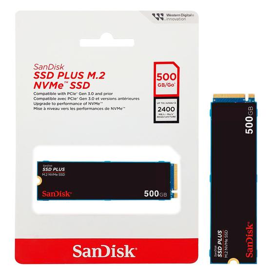 Imagem de SSD 500GB SanDisk Plus, M.2 2280 PCIe 3.0 NVMe, Leitura 2400MB/s, Grav. 1500MB/s - SDSSDA3N-500G-G26