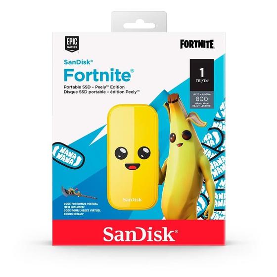 Imagem de SSD Externo SanDisk Fortnite, 1TB, USB 3.2 Gen 2, Portátil, Leitura: 800 MB/s, Amarelo - SDSSDE30-1T00-G25F