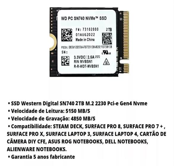 Imagem de Ssd Western Digital Wd Sn740 2tb M.2 2230 Pci-e 4.0 X4 Nvme Steam Deck Surface Alienware
