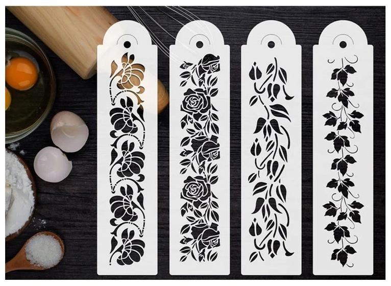 Imagem de Stencil Barra Floral Decorar Bolo Pintar Pano 4 Pcs 28x7cm