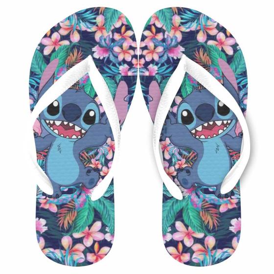 Imagem de Stitch e Lilo Chinelo Aloha Floral azul cute. Presente feminino adulto e infantil Stich baby