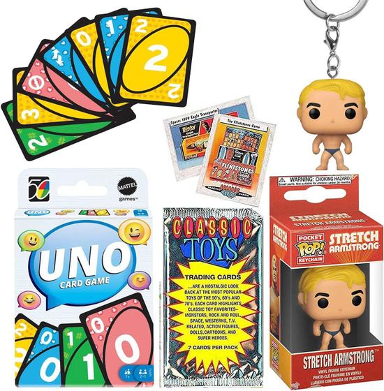 Imagem de Stretch Man Retro Fun Figure Armstrong Pocket Pop! Empacotado com Clássico de Jogo Compatível com Uno + Vintage Toy Trading Cards 3 Itens