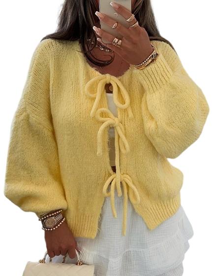 Imagem de Suéter de cardigã VDWIP Tie Front Bow Knit Y2K Oversized Y2K Oversize Yellow