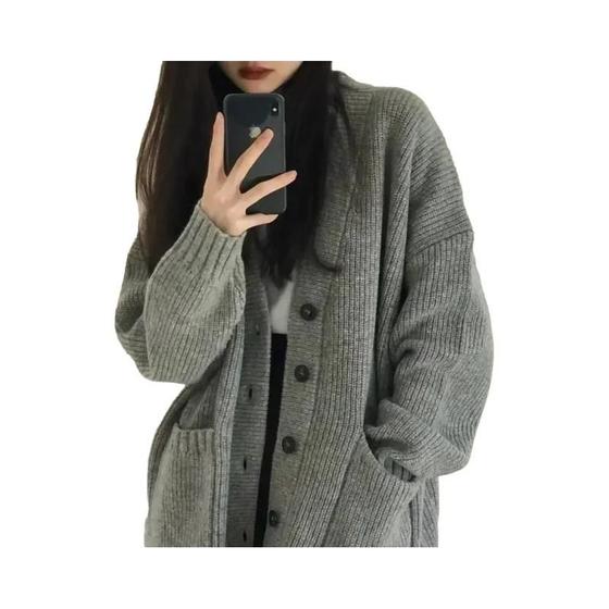 Imagem de Suéter De Malha Com Decote Em V De Ajuste Solto Para Mulheres Cardigan Estilo Preppy Cor Sólida