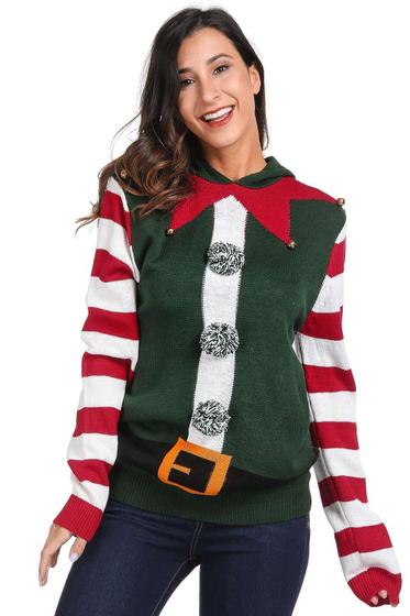 Imagem de Suéter de Natal Feminino com Estampa de Elfo - Tamanhos G e PL - com Capuz e Cinto