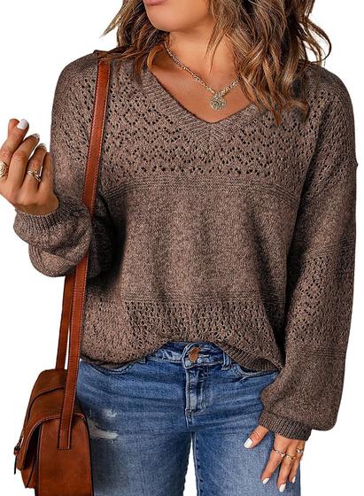 Suéter Feminino Eytino Plus Size - Decote V em Crochê Imagem de Suéter Feminino Eytino Plus Size - Decote V em Crochê