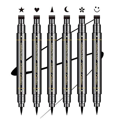 Imagem de Sumeitang 6 Pcs Selos de delineador de cabeça dupla Definir caneta black liquid eye liner com estrela, lua, coração, flor, sorriso, triângulo carimbo stencils formas para mulheres Kit de maquiagem impermeável impermeável Smudgeproof