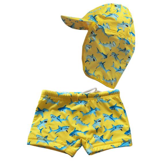 Imagem de Sunga Boxer Bebê e Infantil com Boné Microfibra Proteção UV Tubarões Amarelo Everly