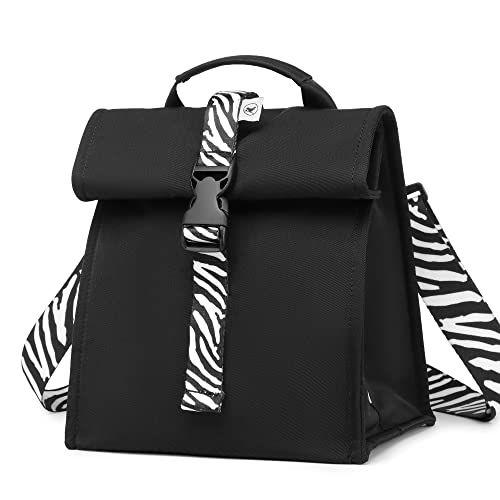 Imagem de SUNNY BIRD Saco de almoço isolado Rolltop Lunch Box Tote Bag para mulheres, homens, adultos e adolescentes (preto com alça branca)