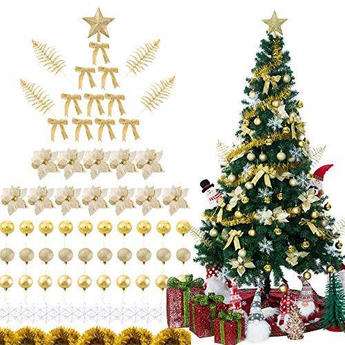 Imagem de Sunnyglade 94 PCS Enfeites de árvore de Natal Conjunto com purpurina Poinsettia, arcos, fitas, folhas e bola de decoração sortida para decorações de festa de casamento de Natal de férias da árvore de Natal (dourado)