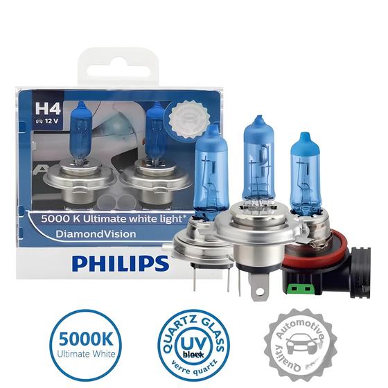 Imagem de Super Branco 12v Diamante Visão 5000k Lâmpadas Halógenas 2x Philips H1 H4 H7 H8 H11 Hb2 Hb3 Hb4 9003