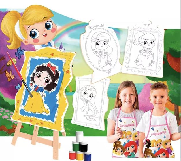 Imagem de Super Kit Pintura Princesa C/ 4 Telas + Cavalete + 6 Tintas - Brincadeira de Criança