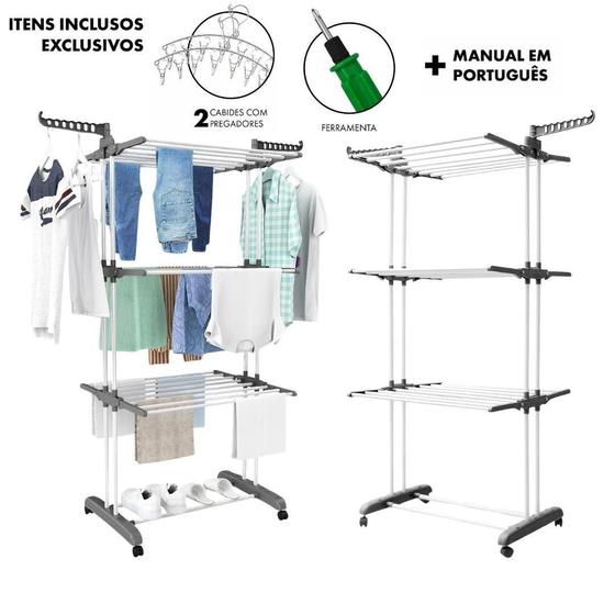 Super Varal Vertical de Chão Dobrável 3 Andares em Aço Inox Mais Reforçado e Resistente - Varal com Abas Retrátil e Dois Cabides Meia Lua Inclusos Menor preço em Super Varal Vertical de Chão Dobrável 3 Andares em Aço Inox Mais Reforçado e Resistente - Varal com Abas Retrátil e Dois Cabides Meia Lua Inclusos