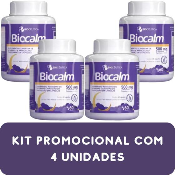 Imagem de Suplemento Alimentar de Vitaminas e Aminoácido Triptofano Biocêutica Biocalm Pote 60 Cápsulas Kit Promocional 4 Unidades