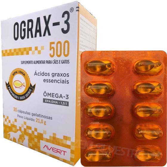 Imagem de Suplemento Alimentar Ograx-3 500 Mg 30 Cápsulas Ômega 3 Epa Dha Cães Gatos Avert