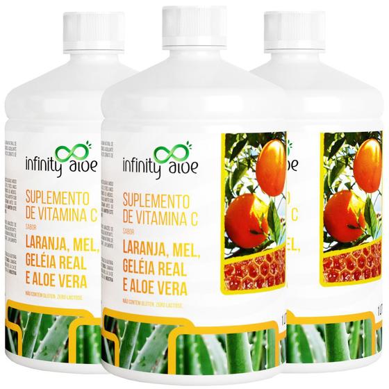 Imagem de Suplemento de Vitamina C Sabor Babosa Aloe Vera com Laranja Mel e Geleia Real 1L Kit com 3 - Infinity