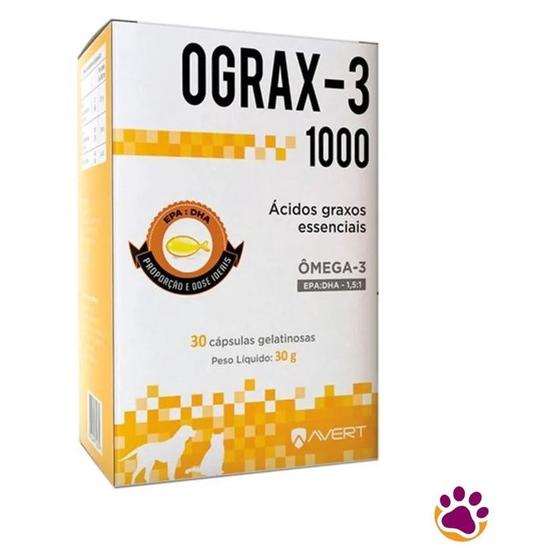 Imagem de Suplemento Nutricional Ograx 3 1000 para Cães e Gatos - 30 Cápsulas Gelatinosas - Avert