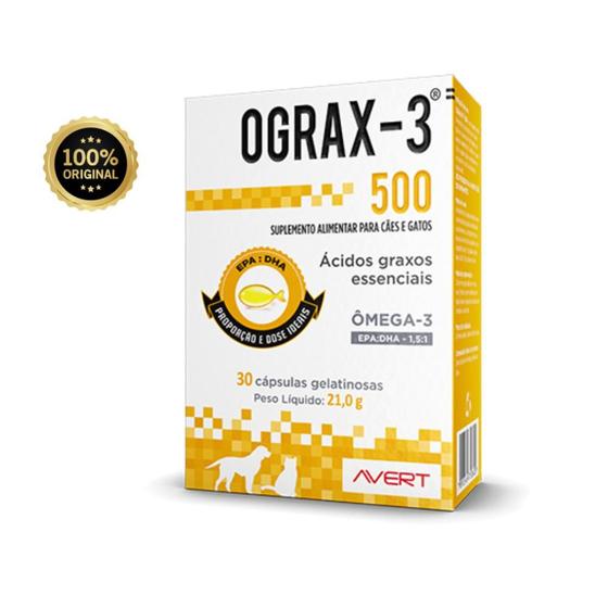 Imagem de Suplemento Omega 3 OGRAX-3 500 Cachorro Gato 30 Cápsulas