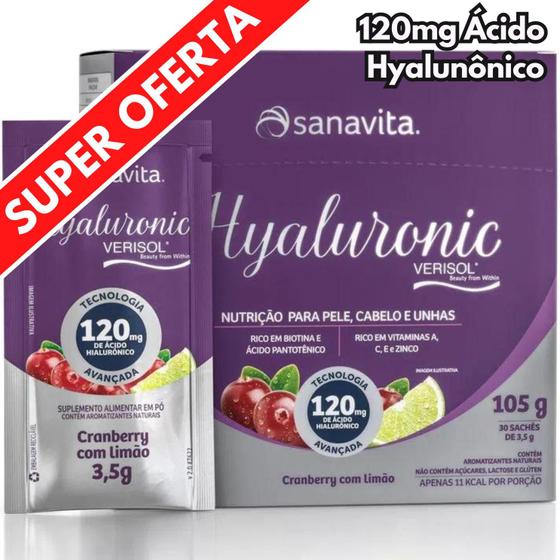 Imagem de Suplemento p/ pele Colágeno HYALURONIC VERISOL SANAVITA em Pó Hidrolisado 30 Sachês / Anti - Rugas - Firmeza p/ pele - c/ Vitamina C