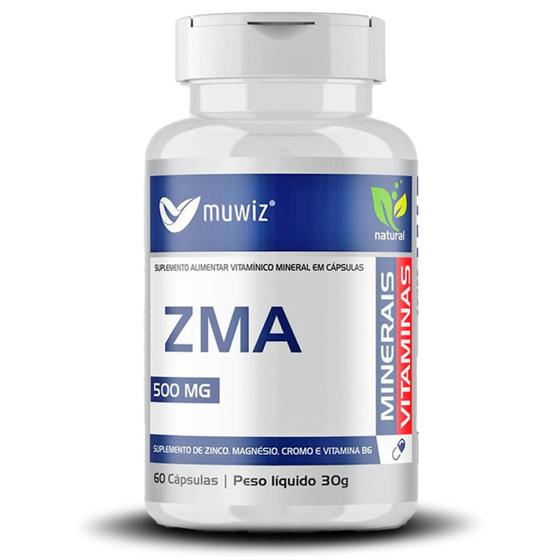 Imagem de Suplemento ZMA Muwiz 60 cápsulas 500mg (Zinco + Magnésio + Cromo + Vitamina B6)