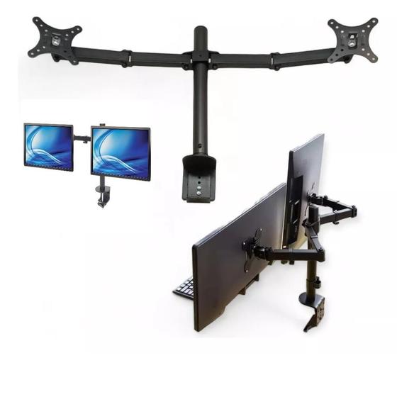 Imagem de Suporte 2 monitor duplo braco articulado 10 a 32 polegadas mesa giratorio bancada profissional