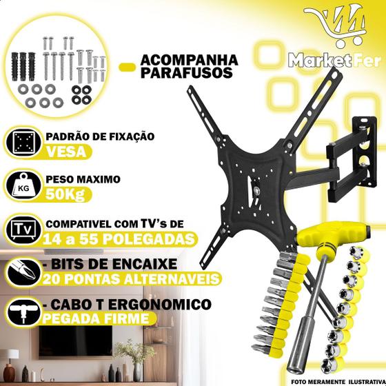 Suporte Articulado para TV 14 a 55 Polegadas LED LCD Plasma incluso Jogo de 24 Peças Chaves Tipo T - Yara Imagem de Suporte Articulado para TV 14 a 55 Polegadas LED LCD Plasma incluso Jogo de 24 Peças Chaves Tipo T