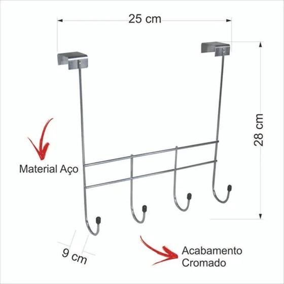 Imagem de Suporte Cabideiro de Portas 4 Ganchos Cromado Reforçado