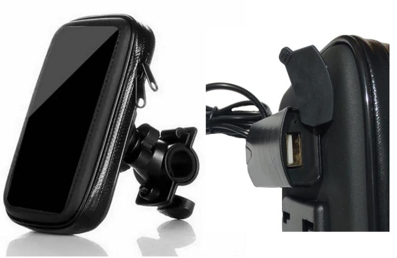 Imagem de Suporte Celular Tela 5.5" Para Guidão Moto Capa Impermeável Com Cabo Carregador USB