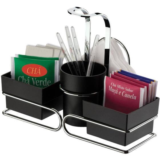 Suporte com Porta Sachês Café Chá Açúcar Palito Guardanapo - Aço Cromado Menor preço em Suporte com Porta Sachês Café Chá Açúcar Palito Guardanapo - Aço Cromado