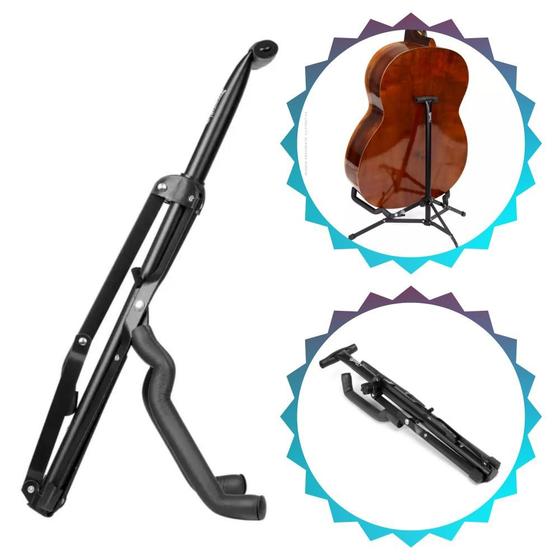 Imagem de Suporte de Chão Tonante Tubular Cor Preto Portátil Para Violão Guitarra e Baixo Com Base Regulável Emborrachado