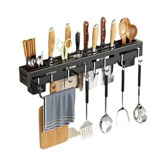 Imagem de Suporte de Faca Magnético de Parede em Aço Inoxidável - Com Ganchos para Utensílios