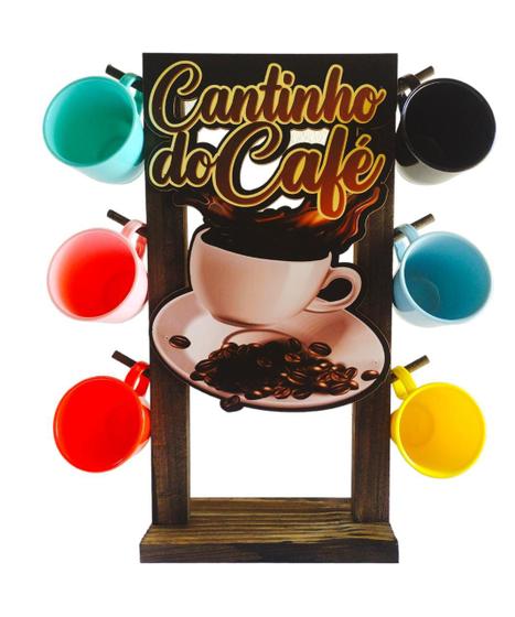 Imagem de Suporte De Madeira Rustica Com 6 Xicaras De Acrílico 170ml Coloridas Cantinho Do Café