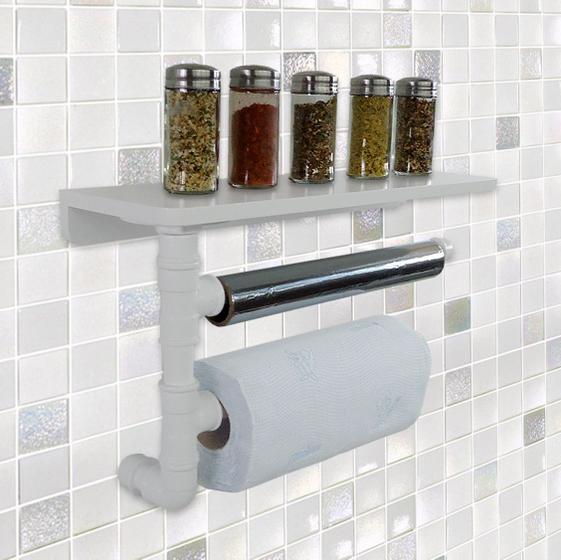 Suporte de Parede Porta Papel Toalhas e Prateleira para Temperos Cozinha Estilo Industrial Branco Menor preço em Suporte de Parede Porta Papel Toalhas e Prateleira para Temperos Cozinha Estilo Industrial Branco