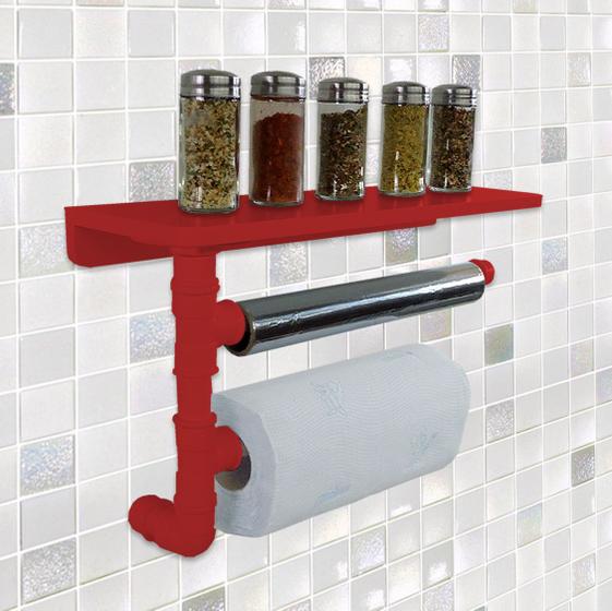Suporte de Parede Porta Papel Toalhas e Prateleira para Temperos Cozinha Estilo Industrial Vermelho Menor preço em Suporte de Parede Porta Papel Toalhas e Prateleira para Temperos Cozinha Estilo Industrial Vermelho