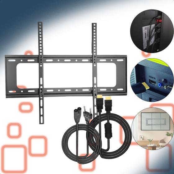 Imagem de Suporte de Tv Parede 40 a 80 Pol Fixo até 75Kg Tv Smart Plasma com Cabo Hdmi 2m e Cabo Tipo 8 Bipolar Incluso