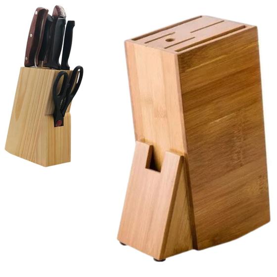 Imagem de Suporte Facas Bambu Cepo Porta Faca Organizador Cutelo Chaira Tesoura Utensilios Cozinha