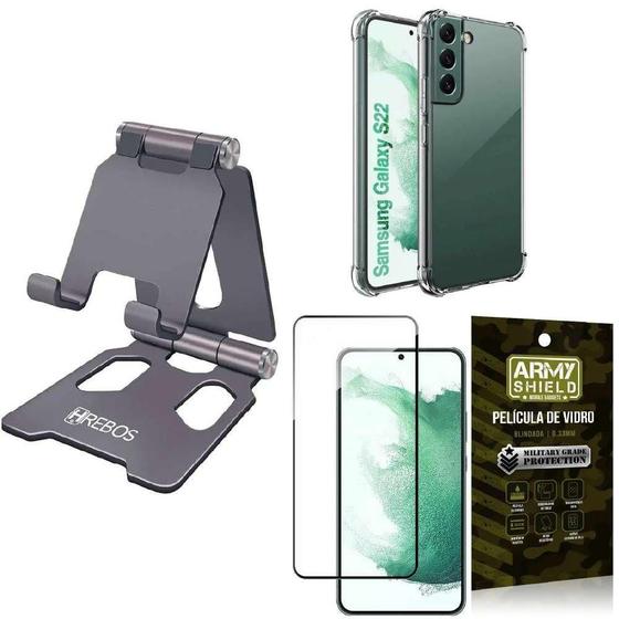 Imagem de Suporte Hrebos 360 Chumbo + Capinha Antishock Galaxy M14 + Película Vidro 3D Armyshield - Kit Mesa