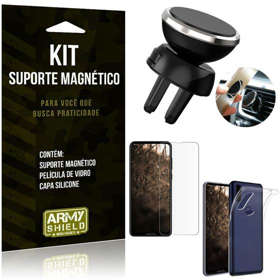 Imagem de Suporte Magnético Motorola Moto One Vision Suporte + Capa Silicone + Película Vidro - Armyshield