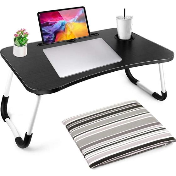 Imagem de Suporte mesa notebook dobravel multiuso com suporte e porta copo para sofa cama preto