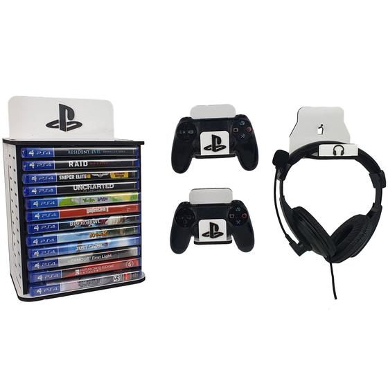 Imagem de suporte organizador Ps4 ps5 Playstation porta jogos controle e fone gamer exclusividade