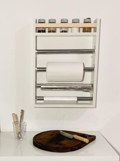 Imagem de Suporte para Cozinha Porta Condimento, papel toalha, alumínio, filme, saco plástico +  porta tempero