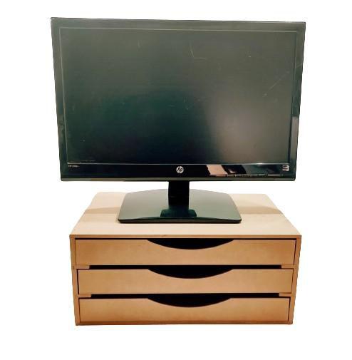 Suporte Para Monitor Com Três Gavetas Mdf Cru Menor preço em Suporte Para Monitor Com Três Gavetas Mdf Cru