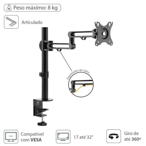 Imagem de Suporte Para Monitor De 17" A 32" Articulado Rotação 360 E Organizador De Cabo - Sm400a