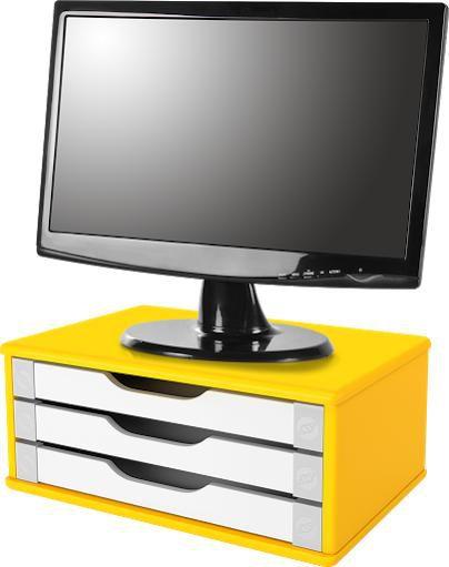 Imagem de Suporte para Monitor de Mesa em MDF Amarelo com 3 Gavetas Brancas Souza Referência 3356