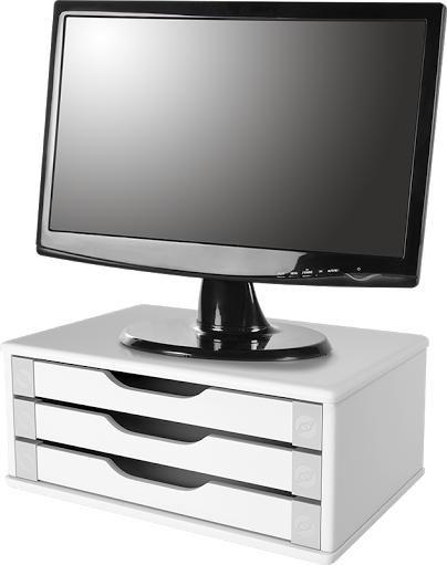 Imagem de Suporte Para Monitor de Mesa Em MDF Branco Com 3 Gavetas Brancas Souza Referência 3343