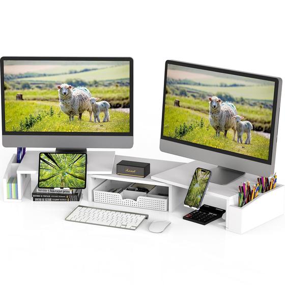Imagem de Suporte para Monitor Duplo com Gaveta - Mesa para Utensílios Domésticos