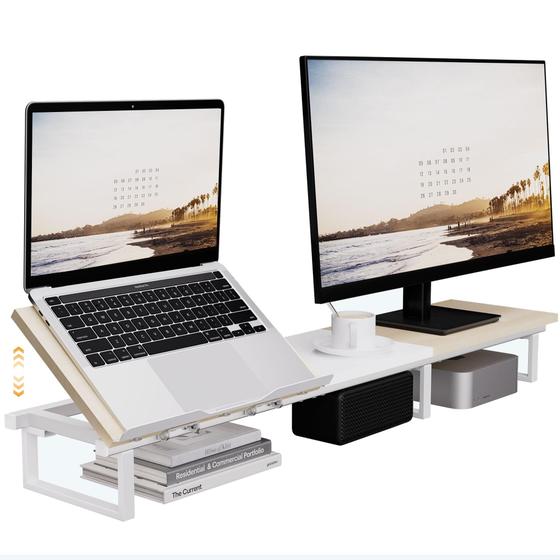 Imagem de Suporte para monitor duplo Riser e suporte para laptop Roslim Oak Wood