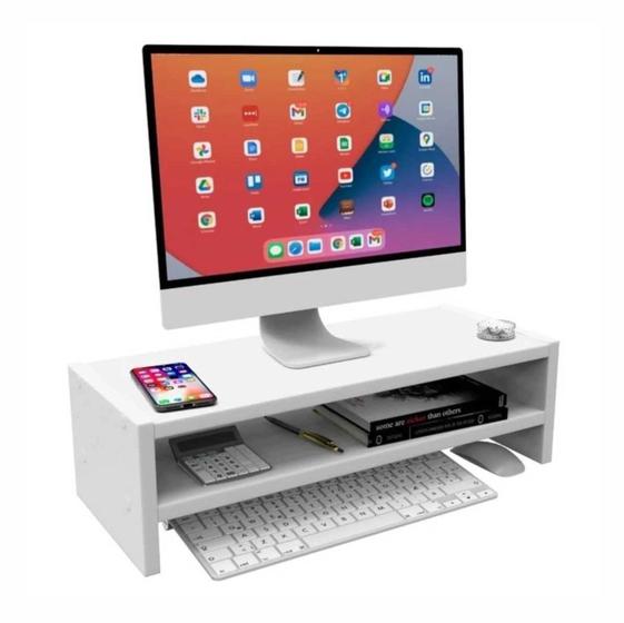 Imagem de Suporte para Monitor MDF 53cm Branco Duplo Mesa Notebook Tv Home Office Base Madeira Decorativo