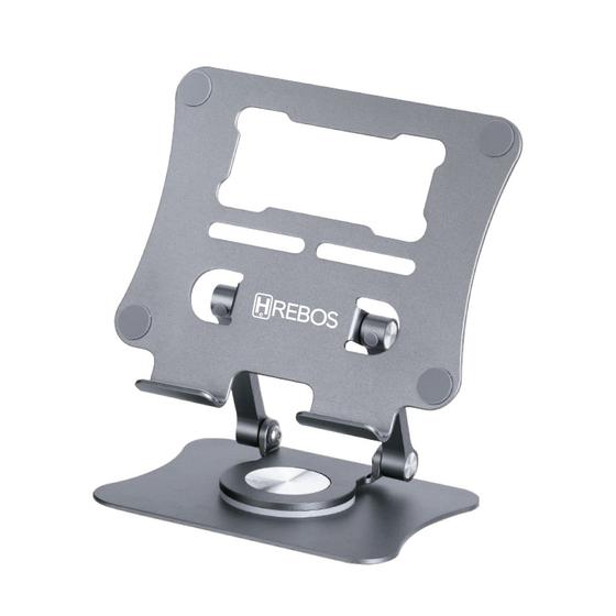 Suporte para Tablet Compatível com Smartphone Celular em Alumínio Ajustável Apoio para Mesa 360º Graus - Hrebos Imagem de Suporte para Tablet Compatível com Smartphone Celular em Alumínio Ajustável Apoio para Mesa 360º Graus