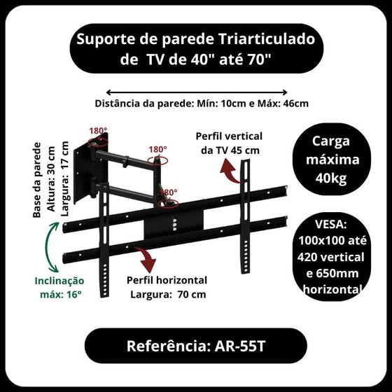 Suporte para tv de parede 3 articulações 40 até 70 polegadas - AVATRON Imagem de Suporte para tv de parede 3 articulações 40 até 70 polegadas